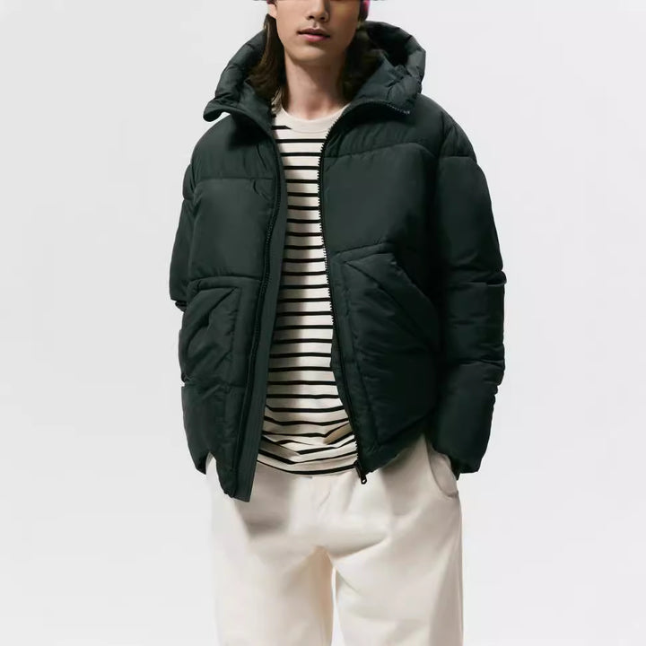 Herren gesteppte Winterjacke mit Kapuze und großzügigen Taschen Hedi-Mode