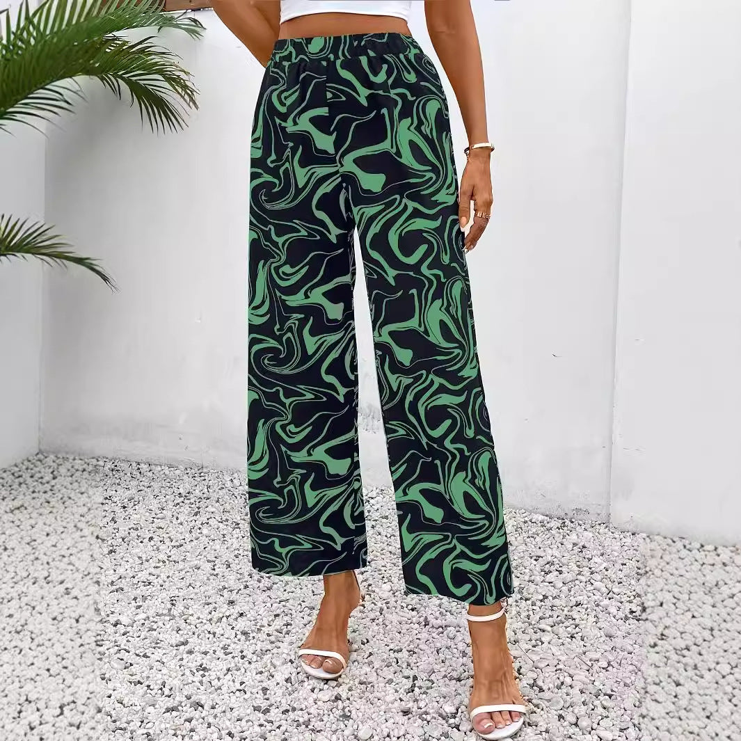 Damen Weite Palazzo-Hose mit Modernem Marmorprint und Elastischem Bund Aliams