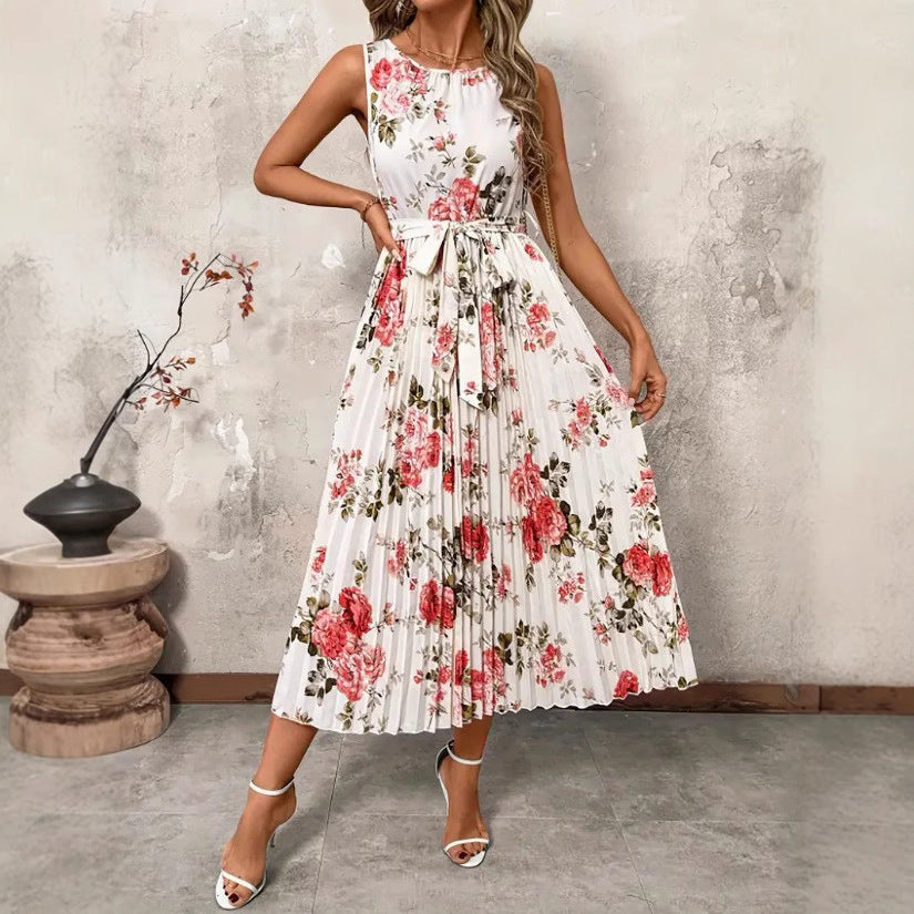 Damen Plisseekleid mit floralem Muster und Gürtel Aliams
