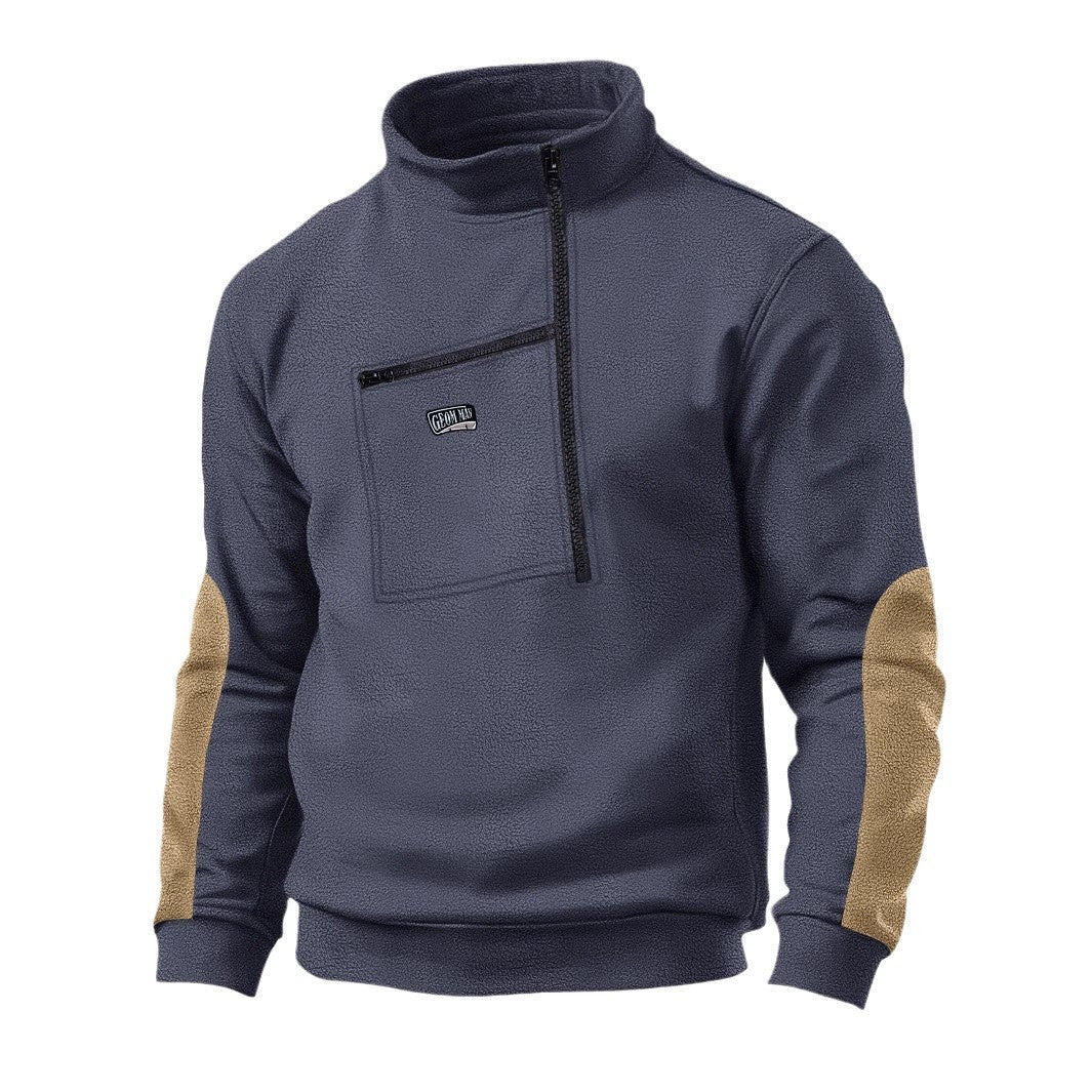 Herren Fleece-Pullover mit dickem Kragen und praktischer Brusttasche Aliams