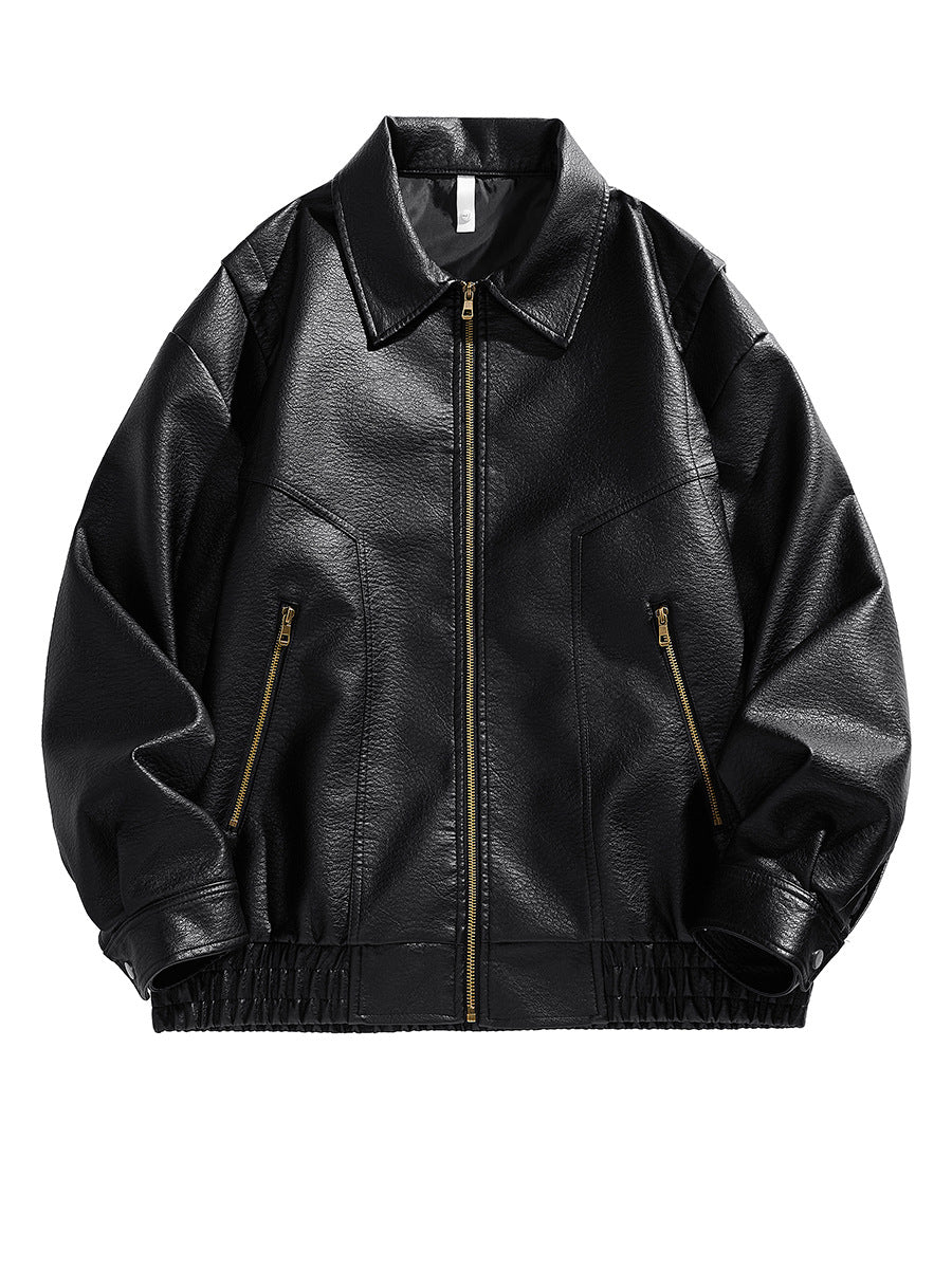 Herren kurz geschnittene Lederjacke mit elastischem Bund und Taschen Aliams