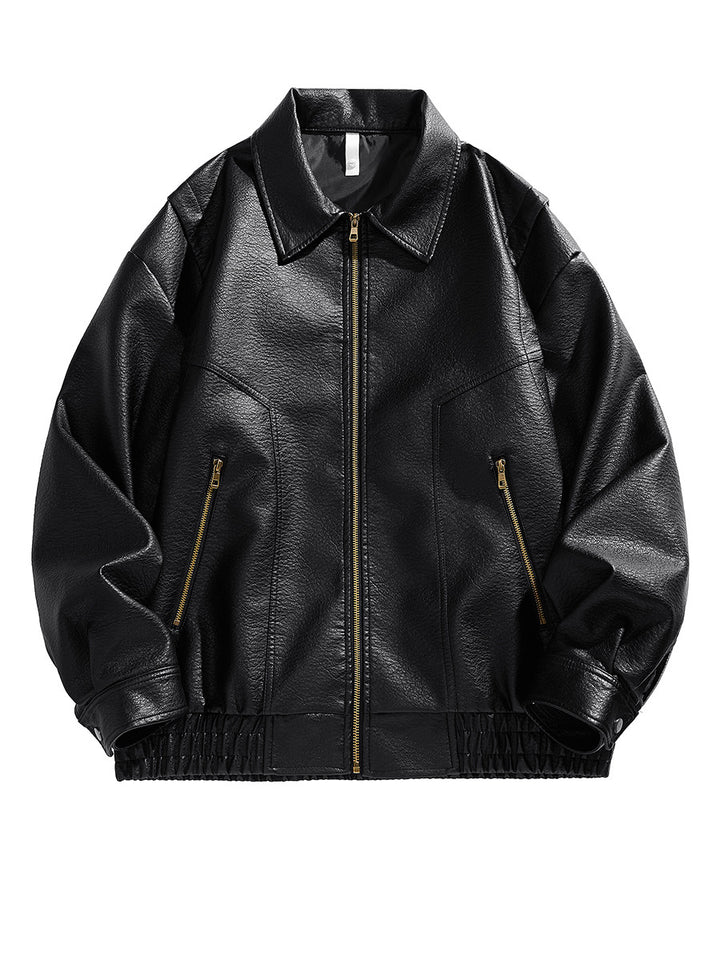 Herren kurz geschnittene Lederjacke mit elastischem Bund und Taschen Aliams