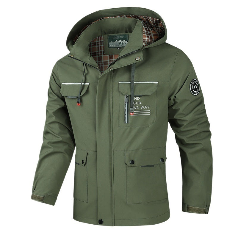 Herren wetterfeste Abenteuerjacke mit Kapuze und multifunktionalen Taschen Aliams