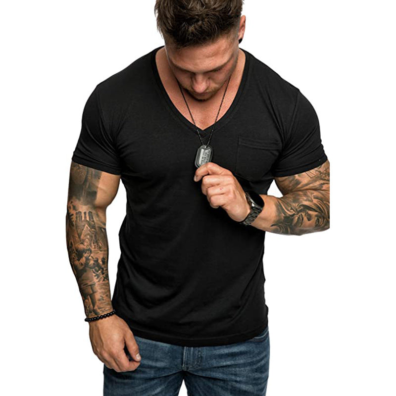Herren V-Ausschnitt T-Shirt aus weicher Baumwolle mit Brusttasche Aliams