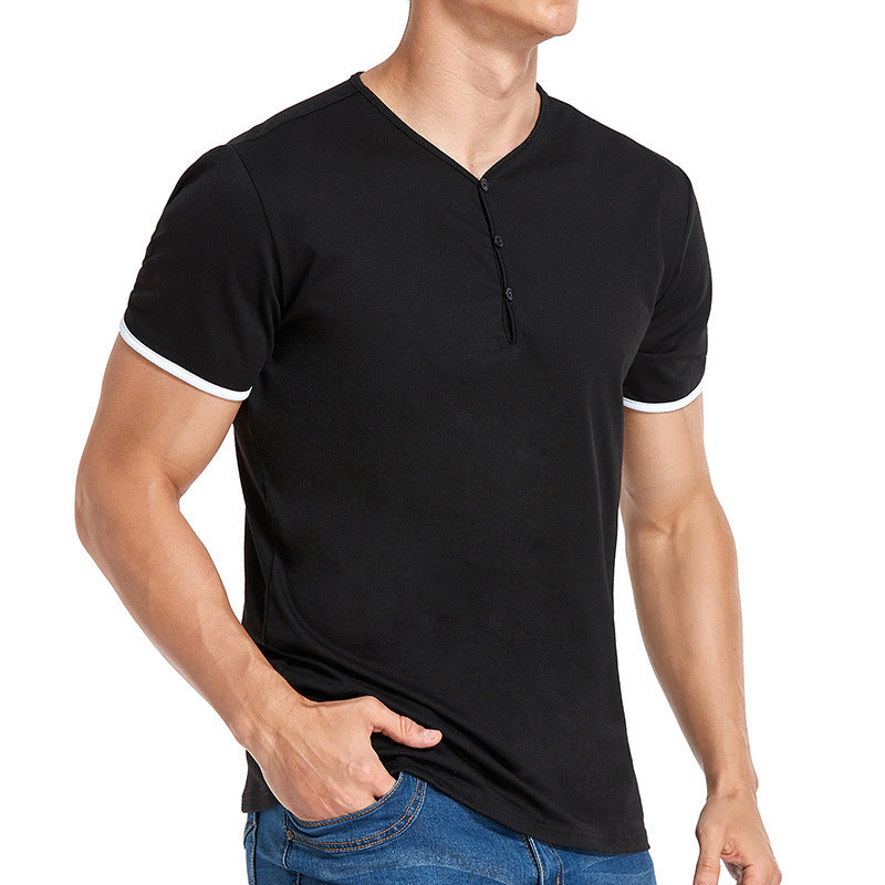 Herren Kurzarm Henley-T-Shirt mit modischem Stehkragen und detailreicher Knopfleiste Aliams