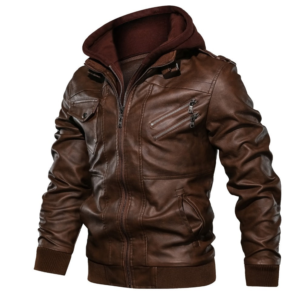 Herren Lederjacke mit abnehmbarem Kapuzenfutter und mehreren praktischen Taschen Aliams