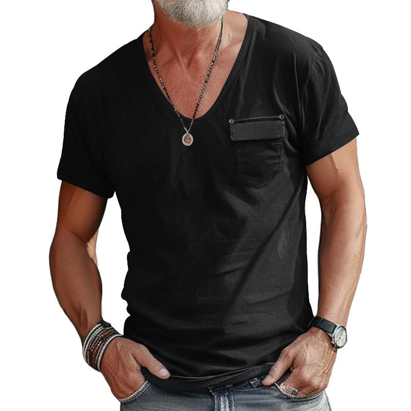 Herren V-Ausschnitt T-Shirt mit dekorativer Brusttasche und attraktiver Struktur Aliams
