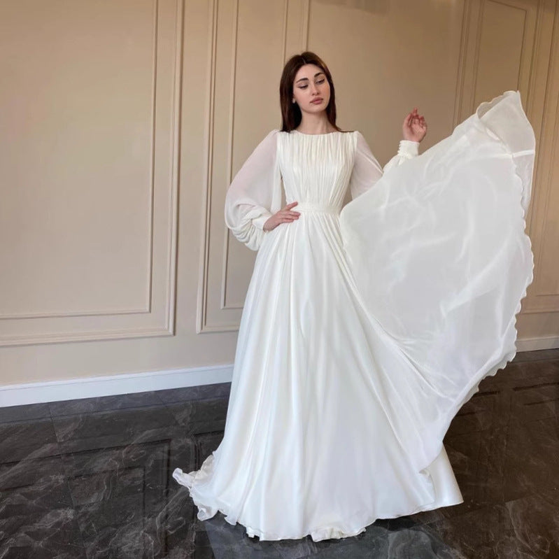 Aliams | Durchsichtiges Weißes Hochzeitskleid Rundhalsausschnitt Lange Ärmel Kleid