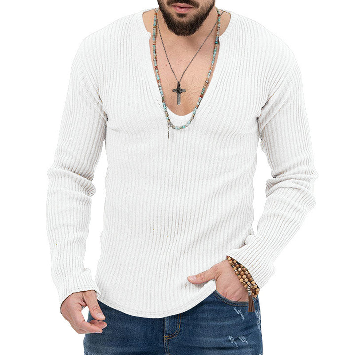 Herren elegantes Langarmshirt mit tiefem V-Ausschnitt und strukturiertem Gewebe Aliams