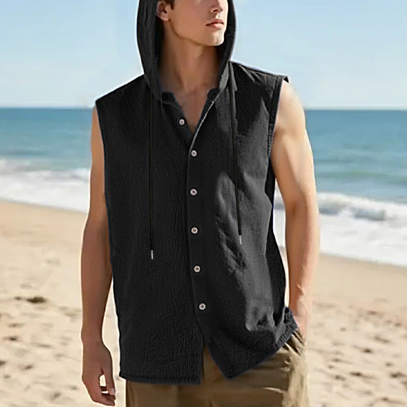 Herren ärmelloses Kapuzenshirt mit Knopfleiste und lässigem Schnitt Aliams