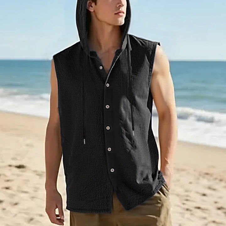 Herren ärmelloses Kapuzenshirt mit Knopfleiste und lässigem Schnitt Aliams