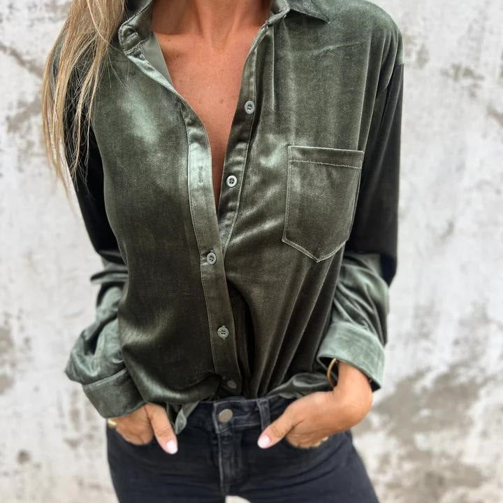 Damen Elegante Satinbluse mit klassischem Kragen und Brusttasche Aliams