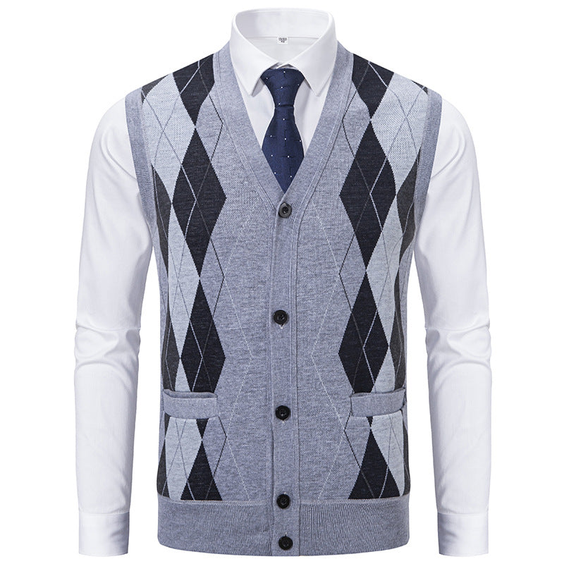 Herren elegante Strickweste mit klassischem Rautenmuster und praktischen Taschen Aliams