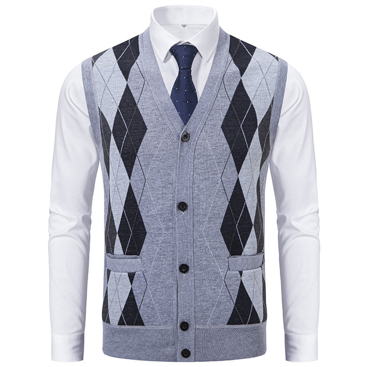 Herren elegante Strickweste mit klassischem Rautenmuster und praktischen Taschen Aliams