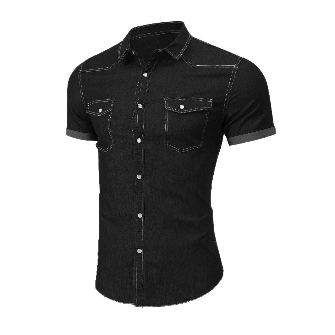 Herren Kurzarm Denimhemd mit doppelten Brusttaschen Aliams
