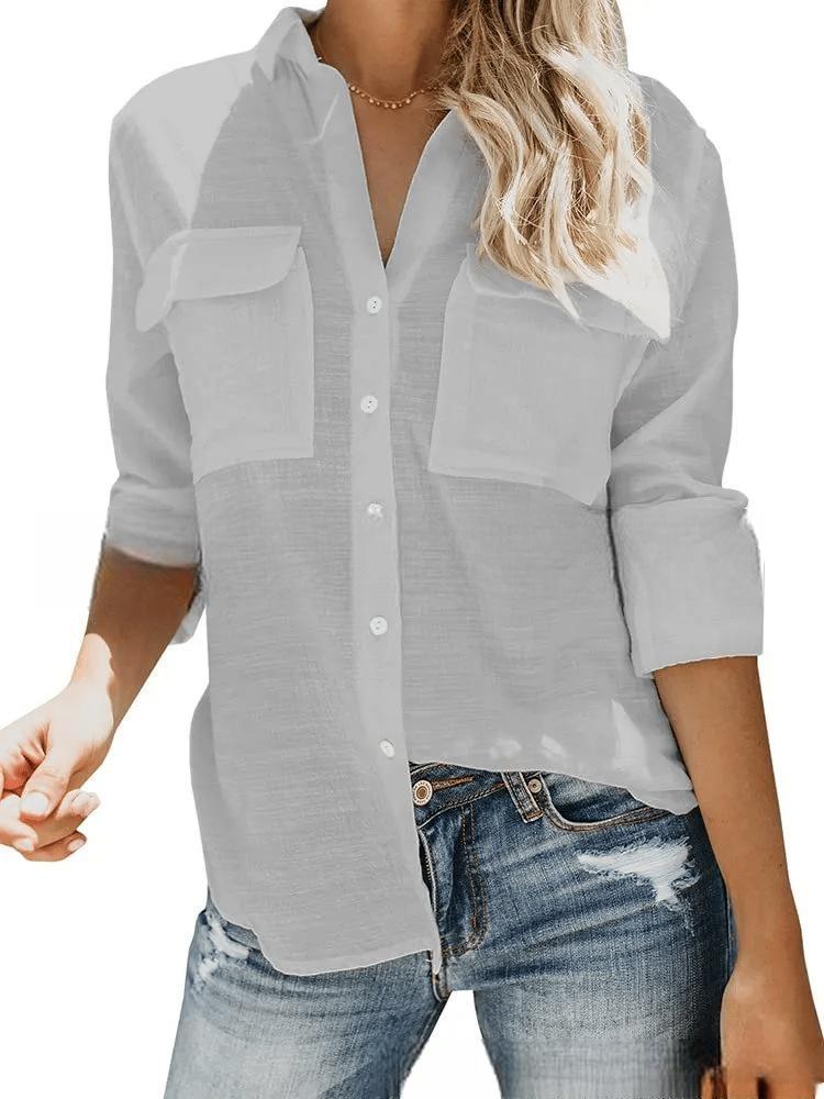 Damen leichte Sommerbluse mit zwei Brusttaschen und aufgerollten Ärmeln Aliams