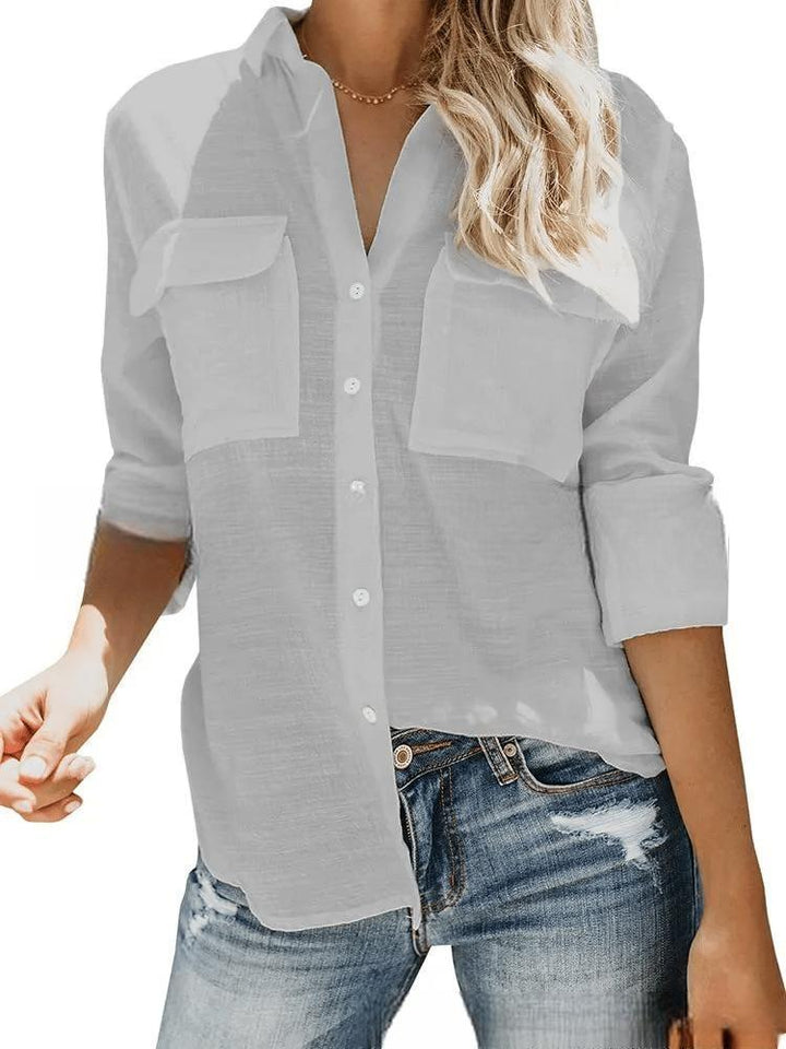 Damen leichte Sommerbluse mit zwei Brusttaschen und aufgerollten Ärmeln Aliams