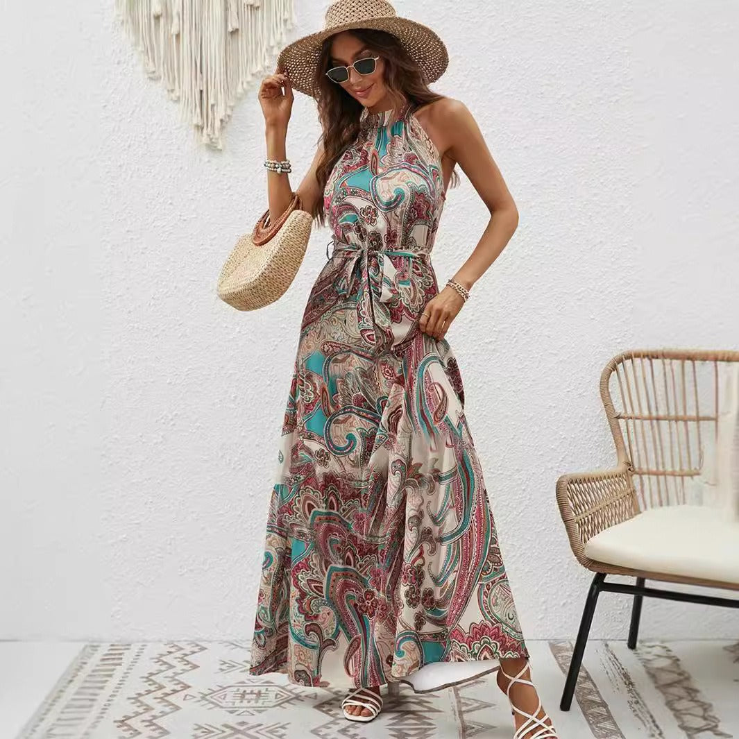 Damen Maxikleid Im Boho-Stil mit Elegantem Halterneck und Seitlichem Bindegürtel Aliams