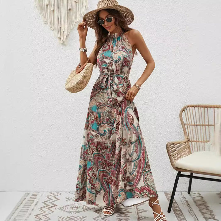 Damen Maxikleid Im Boho-Stil mit Elegantem Halterneck und Seitlichem Bindegürtel Aliams