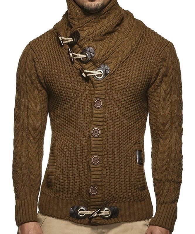 Herren gestrickter Cardigan mit hohem Kragen und modernen Holzknebel Aliams