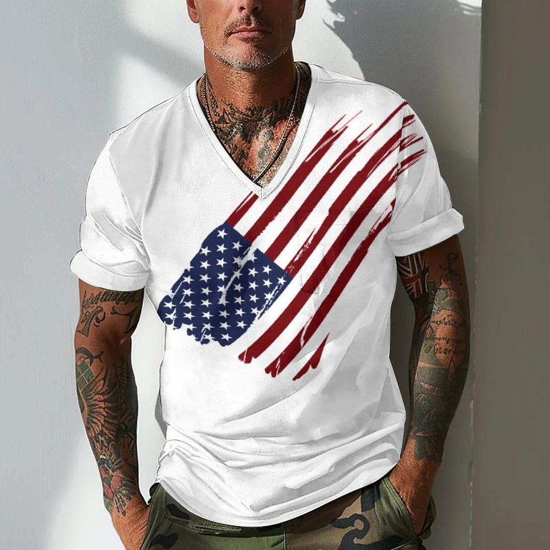 Herren V-Ausschnitt T-Shirt mit kreativem Flaggenmotiv Aliams