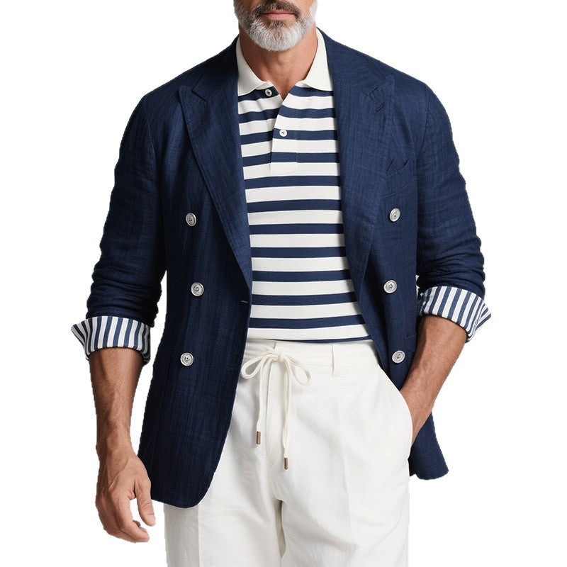 Herren elegantes Leinenblazer mit doppelter Knopfleiste und strukturierten Ärmeln Aliams