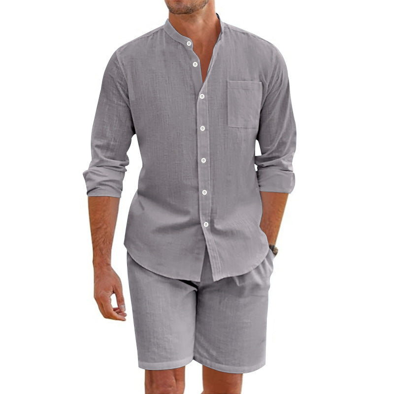 Herren Freizeit-Casual Set mit langärmligem Hemd und Shorts Aliams