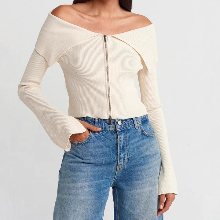 Damen cropped Oberteil mit weitem Ausschnitt und Reißverschluss Aliams