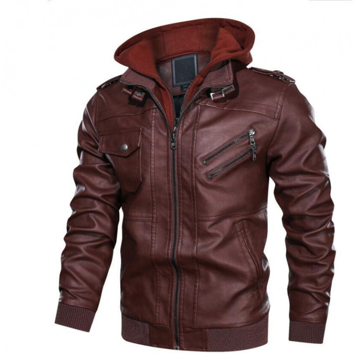 Herren Lederjacke im modernen Biker-Stil mit abnehmbarer Kapuze Aliams