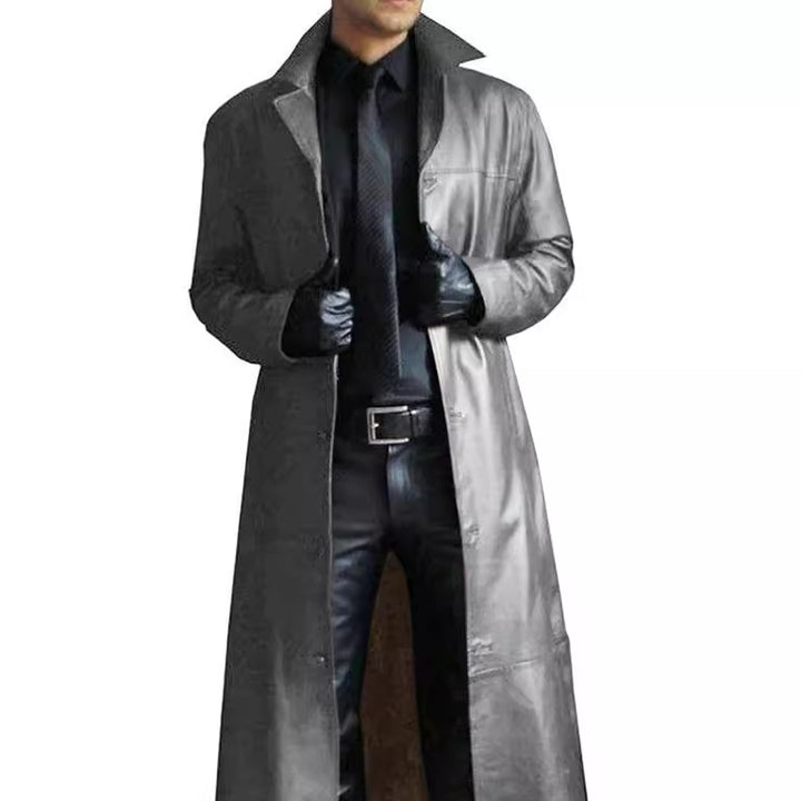 Herren eleganter Kunstledermantel mit doppeltem Knopfverschluss Aliams