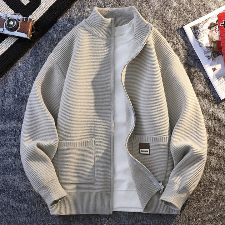 Herren Gemusterte Strickjacke mit hohem Kragen und Taschen Aliams