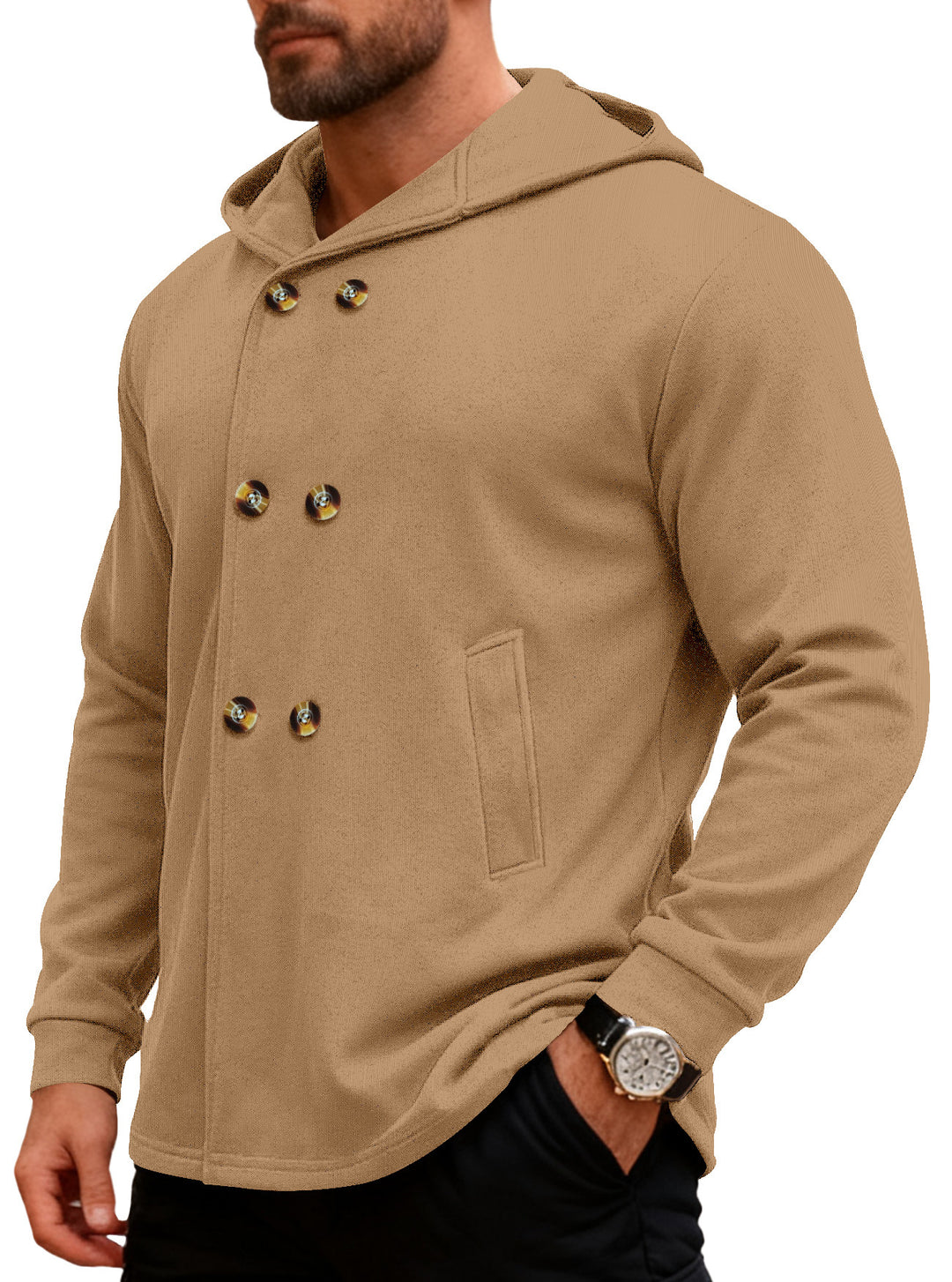 Herren Kapuzensweater mit doppelter Knopfverschluss und seitlichen Taschen Aliams