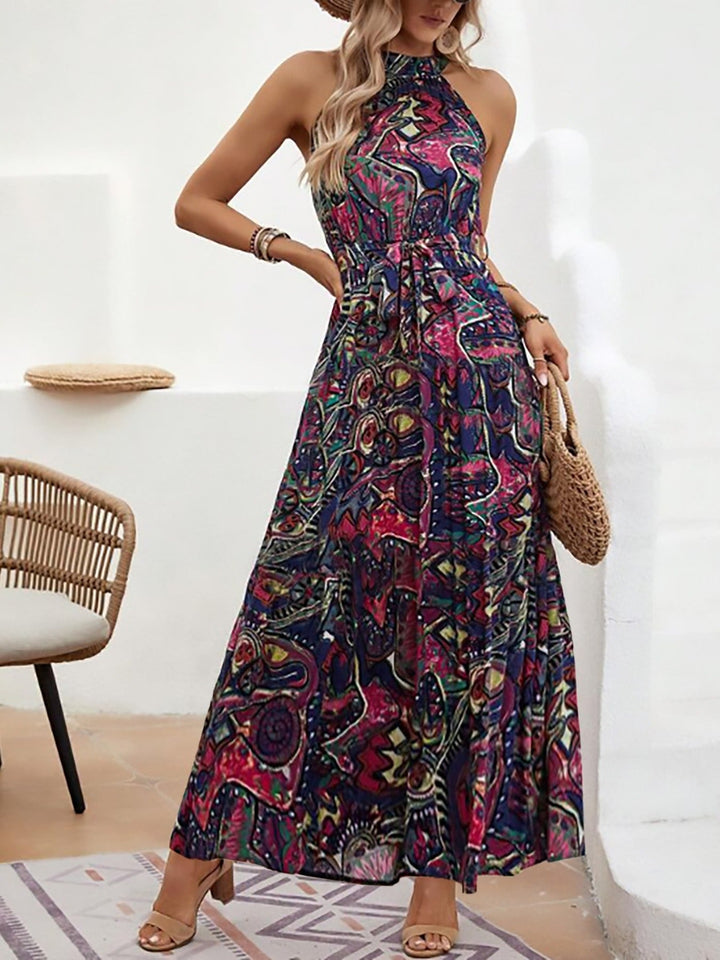 Damen Maxikleid Im Boho-Stil mit Elegantem Halterneck und Seitlichem Bindegürtel Aliams