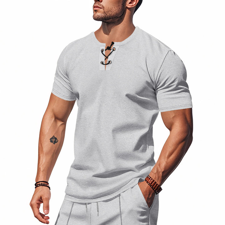 Herren Kurzarm-Henley-T-Shirt mit dekorativem Knopfverschluss Aliams
