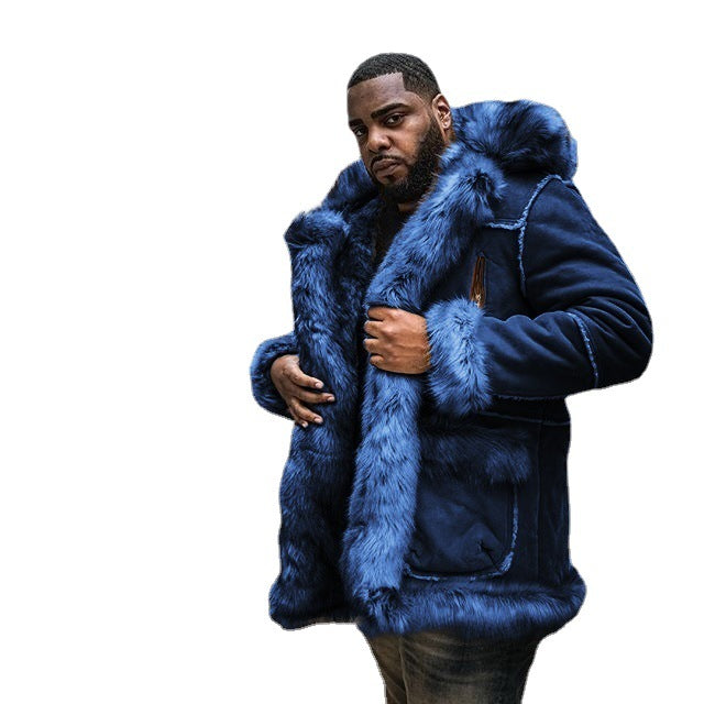 Herren Extravaganter Lammfellmantel mit voluminösem Kunstfellbesatz Aliams