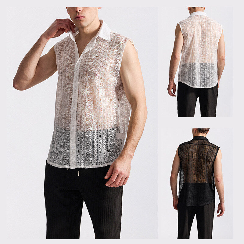 Herren ärmelloses Design-Hemd aus filigraner Spitzenstruktur Aliams