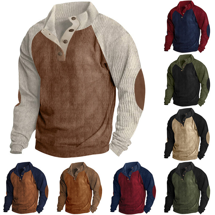 Herren strukturiertes Pullover-Shirt mit Knopfleiste und Lederdetails Aliams