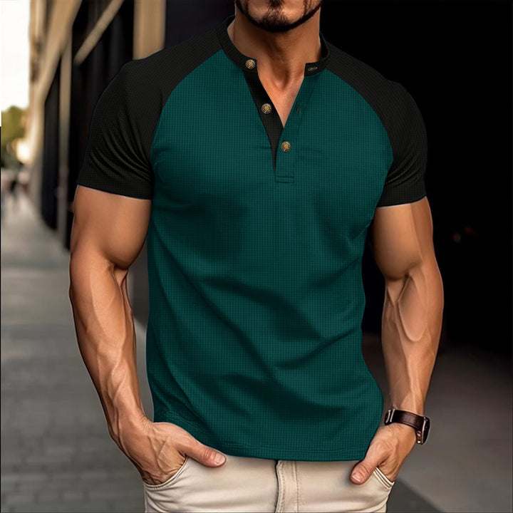 Herren Kurzarm Poloshirt mit modischer Knopfleiste und kontrastierenden Ärmeln Aliams