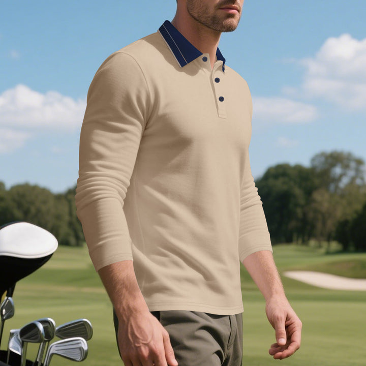 Herren elegantes Langarm-Polohemd mit kontrastierendem Kragen und modischen Knopfdetails Aliams