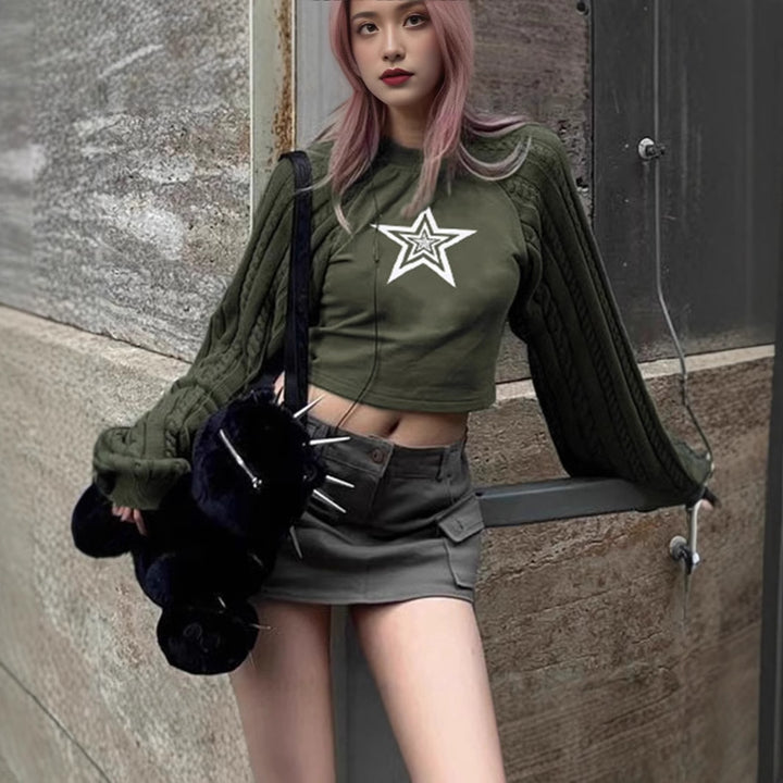 Damen Cropped Pullover mit grafischem Sternenmotiv und strukturiertem Armdesign Aliams