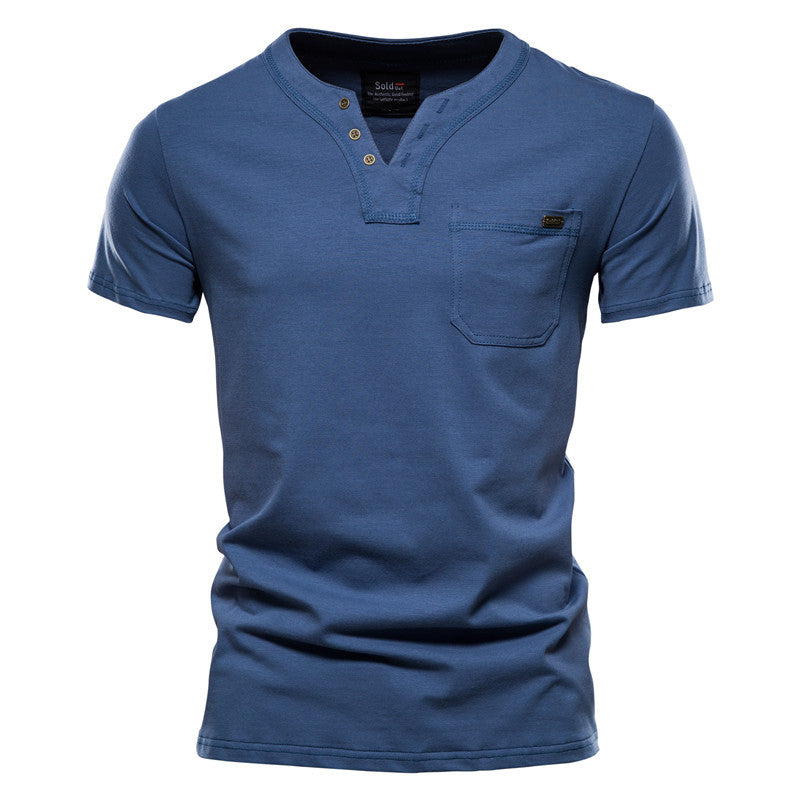 Herren Kurzarm-Shirt mit modernem Henley-Ausschnitt und Brusttasche Aliams