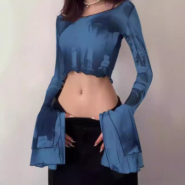 Damen Crop-Top mit transparenten Ärmeln und kunstvollem Druck Aliams