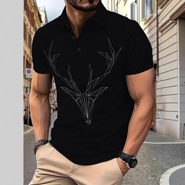 Herren Kurzarm Poloshirt mit geometrischem Hirschmotiv Aliams