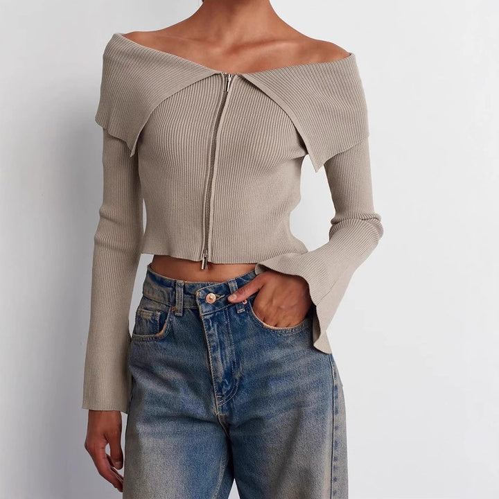 Damen cropped Oberteil mit weitem Ausschnitt und Reißverschluss Aliams