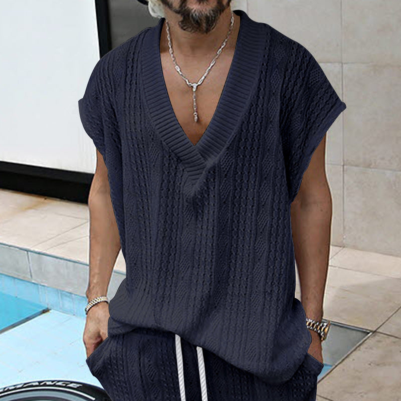 Herren ärmelloses Strickoberteil mit V-Ausschnitt und dezenter Struktur Aliams