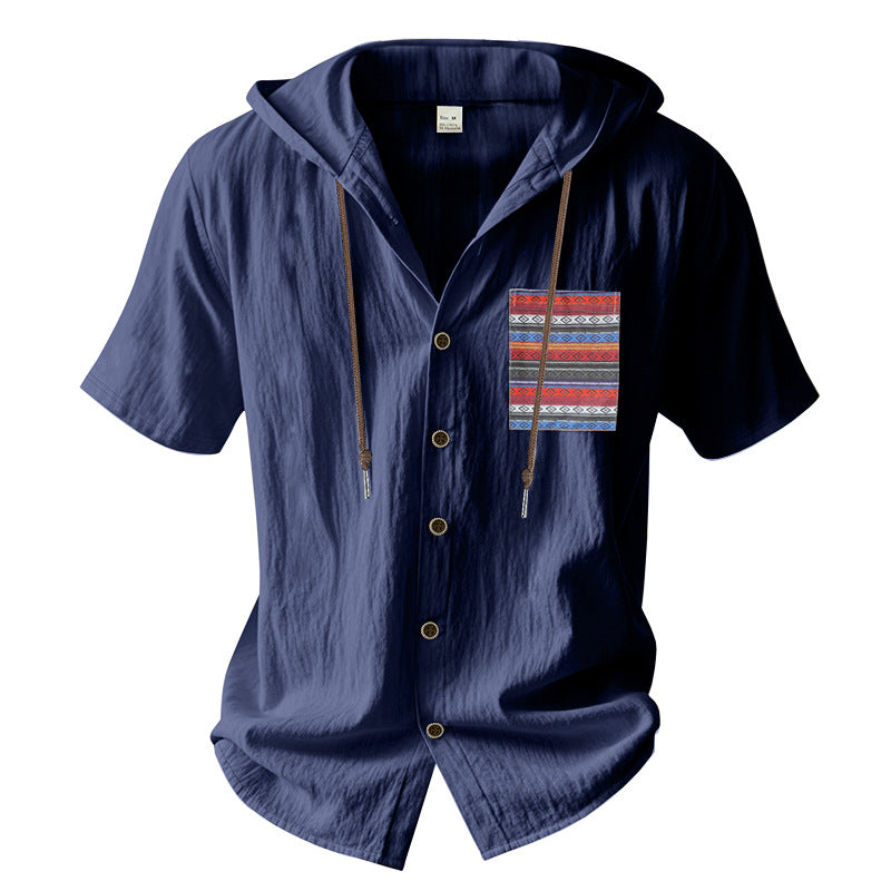 Herren Kurzarm-Hemd mit Kapuze und buntem Brusttaschen-Motiv Aliams