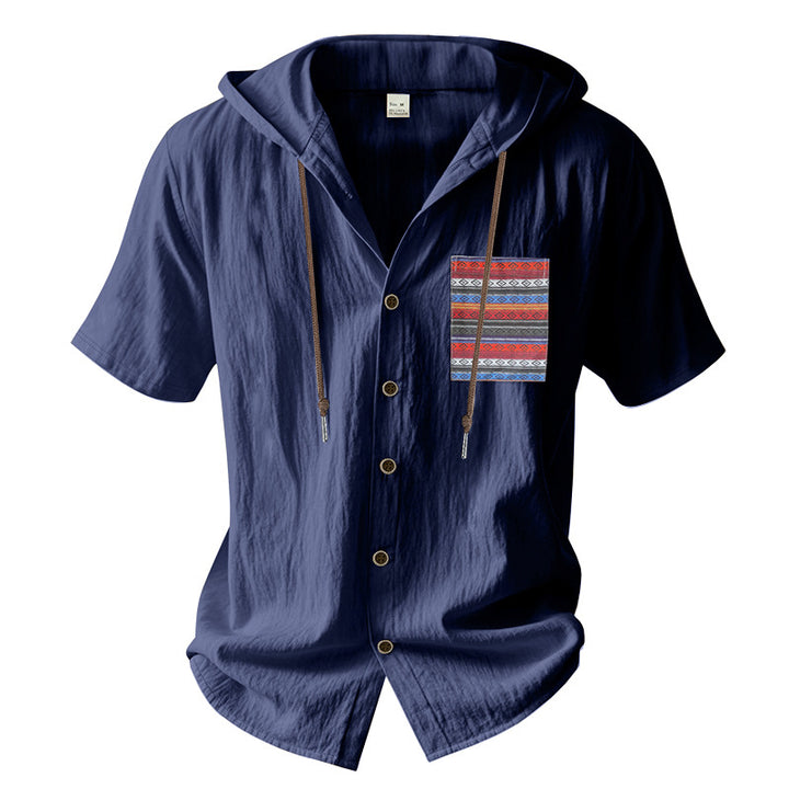 Herren Kurzarm-Hemd mit Kapuze und buntem Brusttaschen-Motiv Aliams