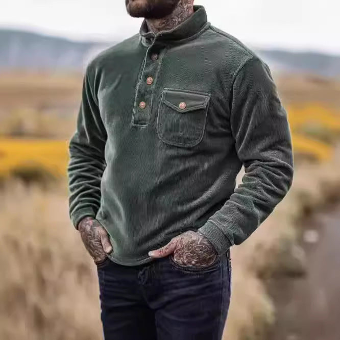 Herren Warmhaltendes Kord-Pullover mit Knopfleiste und Brusttasche Aliams