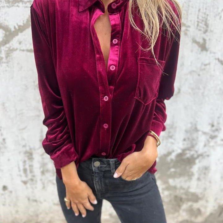 Damen Elegante Satinbluse mit klassischem Kragen und Brusttasche Aliams