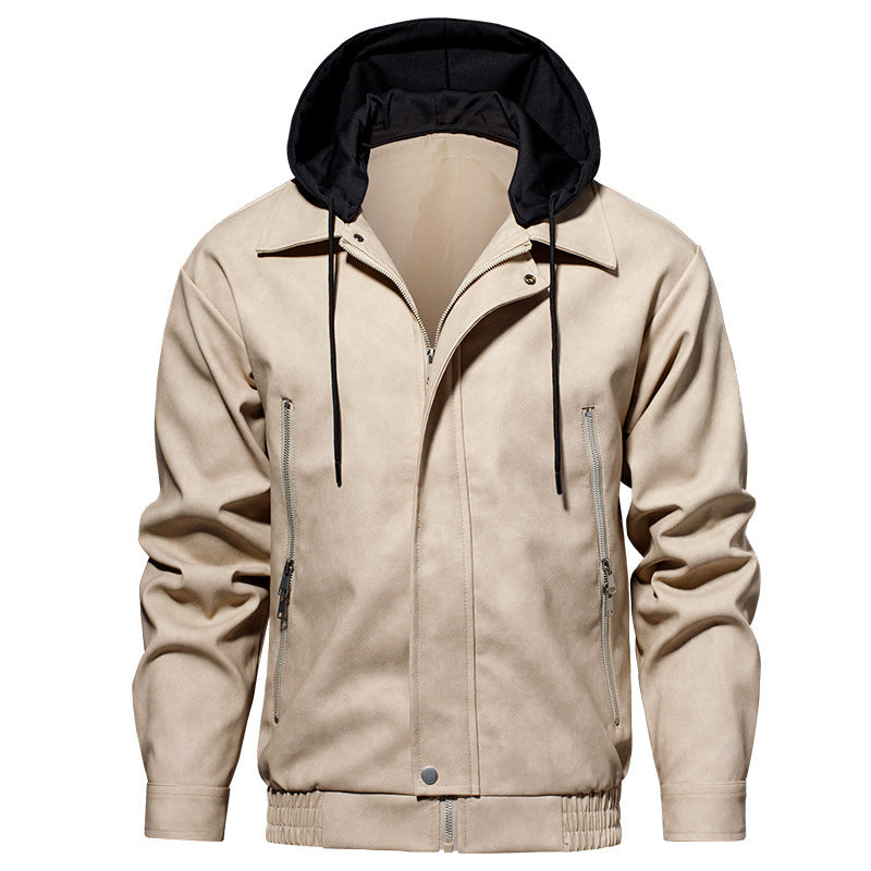Herren Kunstlederjacke mit abnehmbarer Kapuze und elastischem Bund Aliams